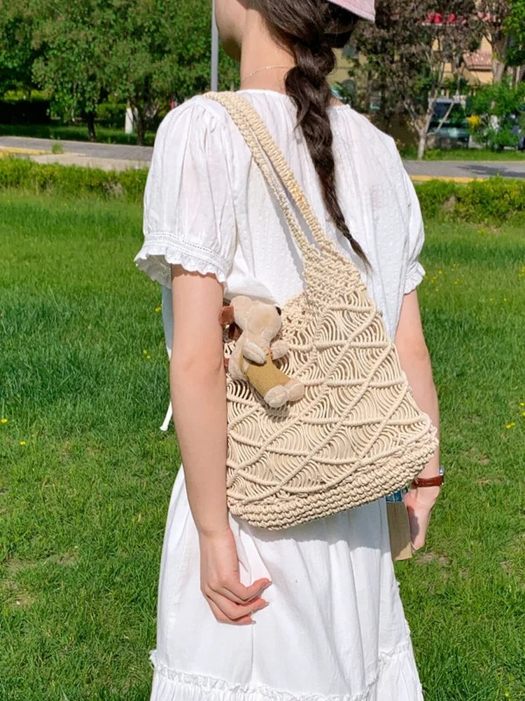 gp-traio-hollow-woven-tote-bag-women's-new-holiday-style-beach-commuter-bucket-handbag-lightweight-pure-color-polyester