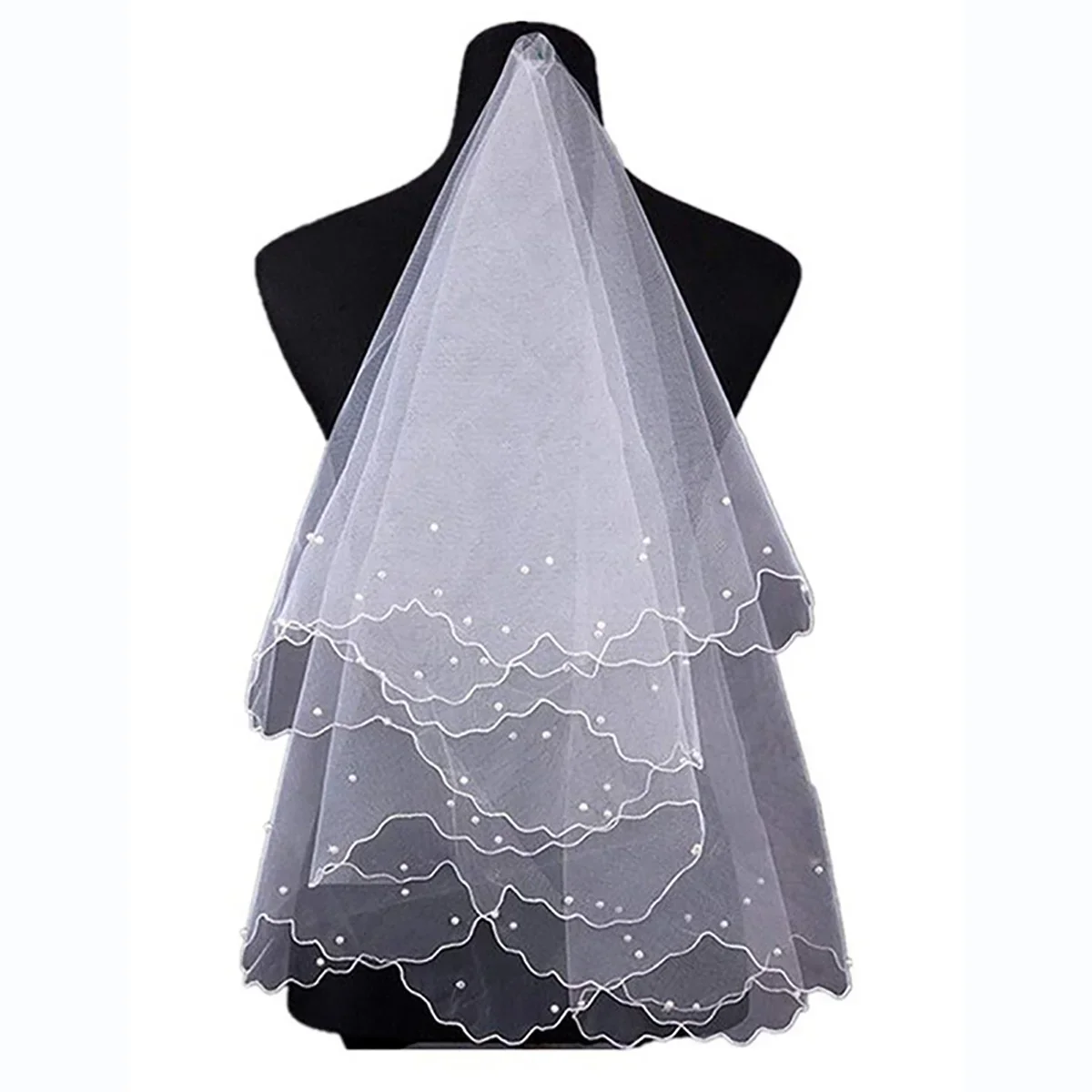 Wedding Veil with Beaded Edge Short Bridal Veil with Comb1 Layer Pearl for Women Bride B