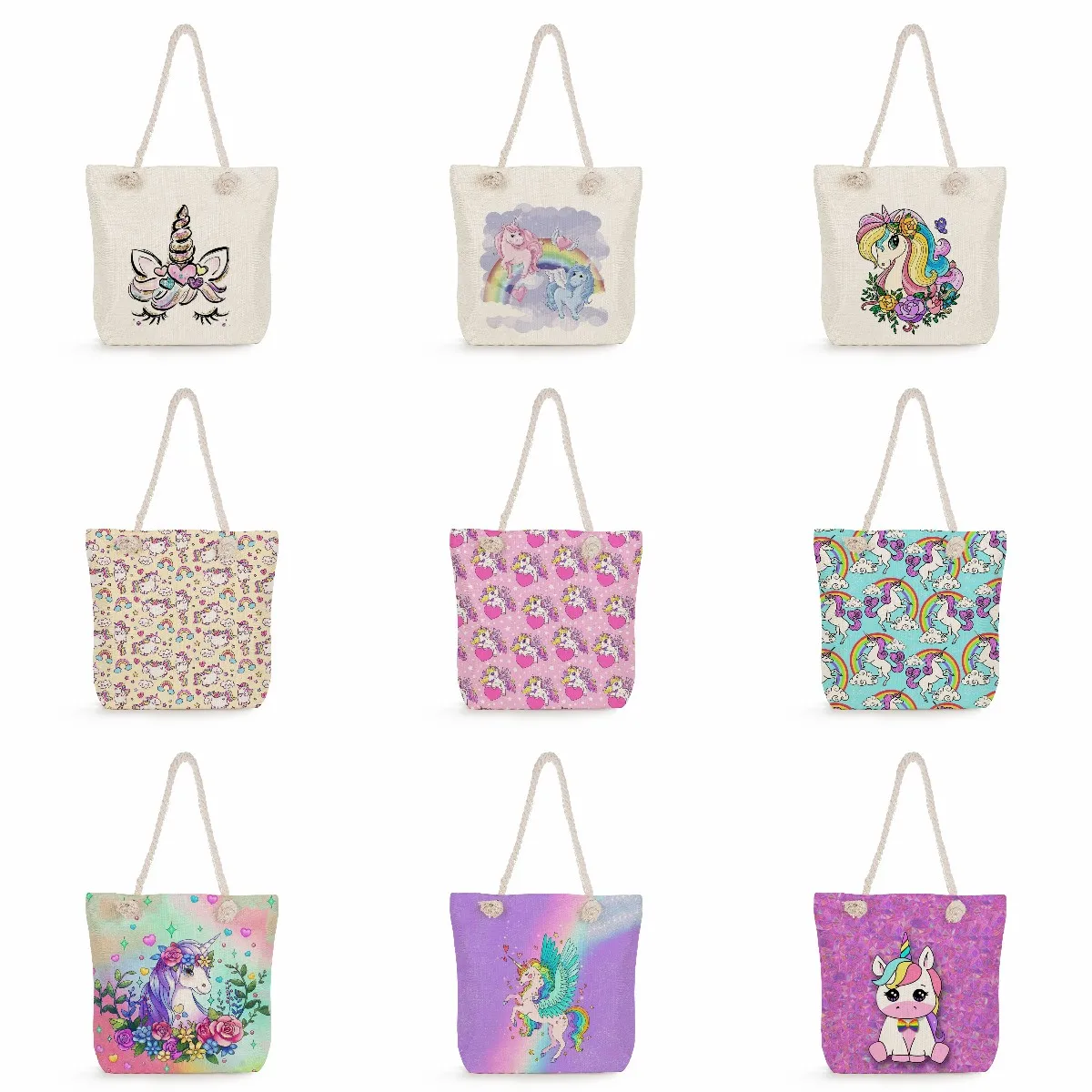 Shopping Bags Unicorn Print Shoulder Bags Thick Rope Travel Beach Tote High Capacity Casual Women Handbags Reusable Cute Cartoon