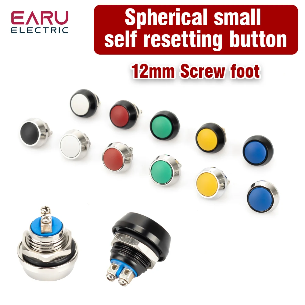 1pcs DIY Mini 12mm Momentary Waterproof Push Button Switch Horn Blue White Green Red Yellow Black 1A 250V Self-reset Screw Feet