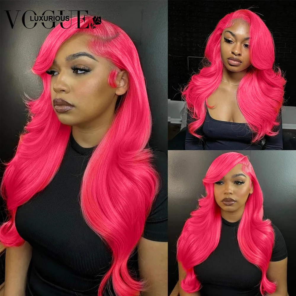 Perruque Lace Front Wig Body Wave brésilienne naturelle, cheveux humains, couleur rose vif, 13x4, pre-plucked, transparent, adt, 30 pouces