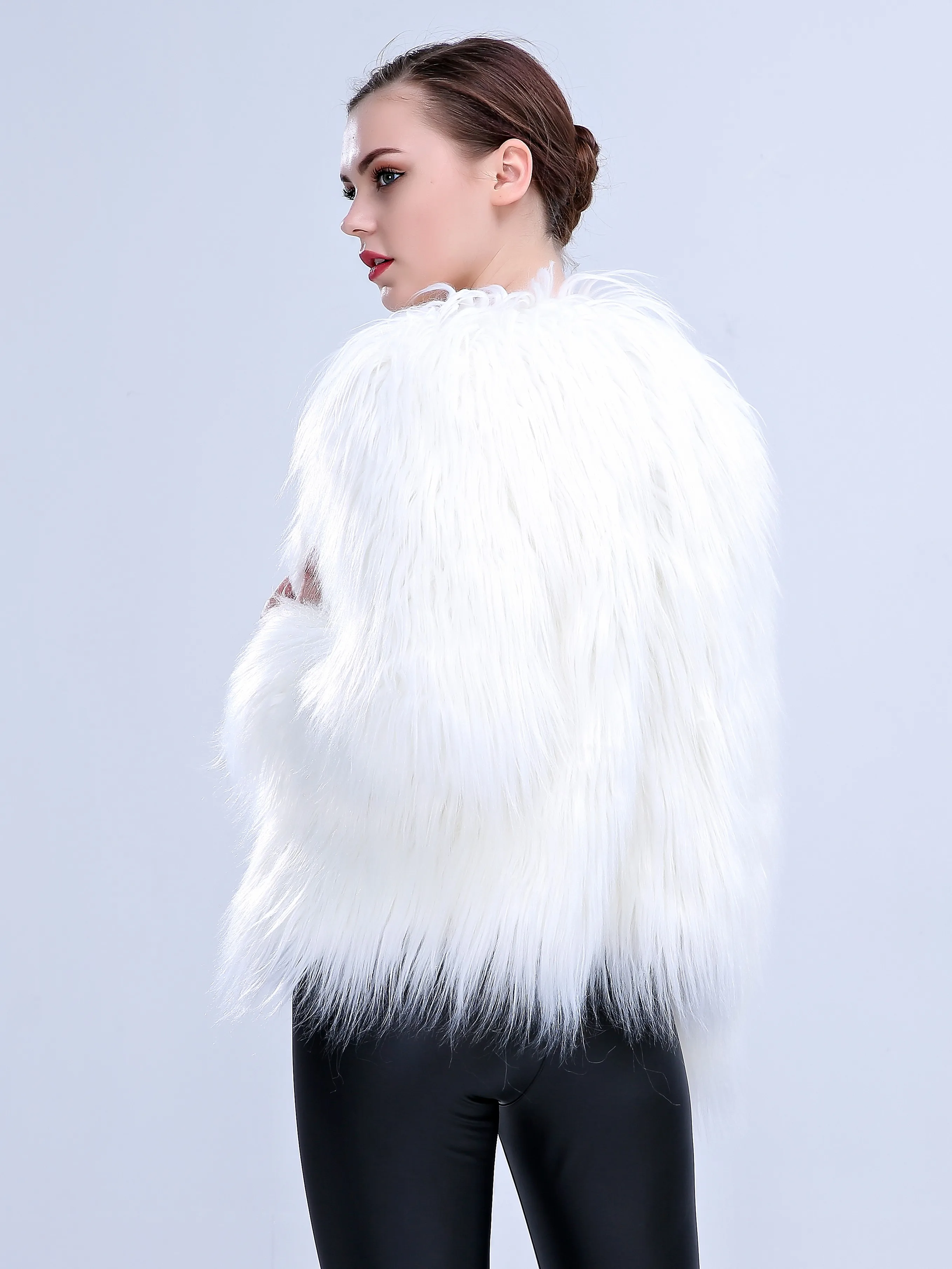 Women's Unique Warm Faux Fur Jacket Thicken Cool Night Dancing Props Casual Loose Soft Crop Outwear Winter Chic Coat