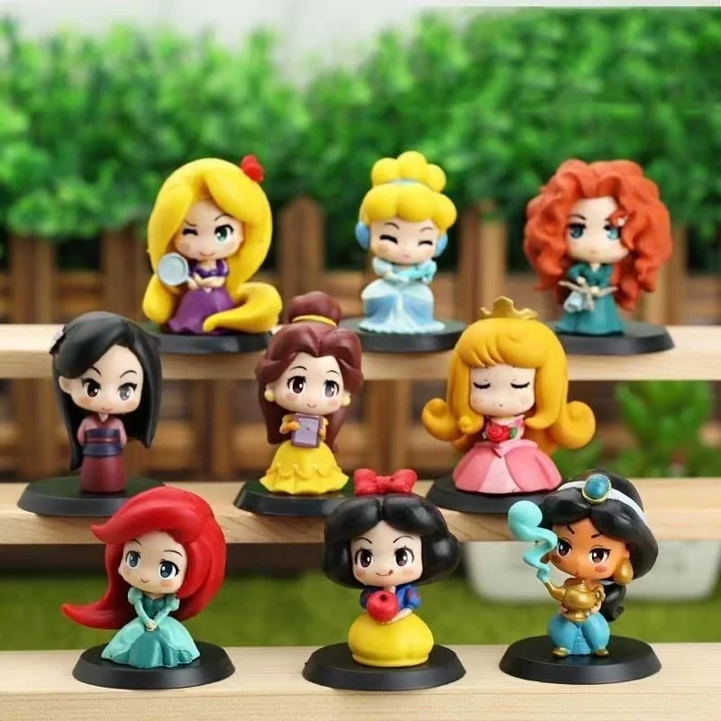 

New 9 Pcs/Set Cute Princess 6cm Rapunzel Snow White Jasmine Mulan Ariel Figurine Cake Ornaments PVC Toys Kid Gift
