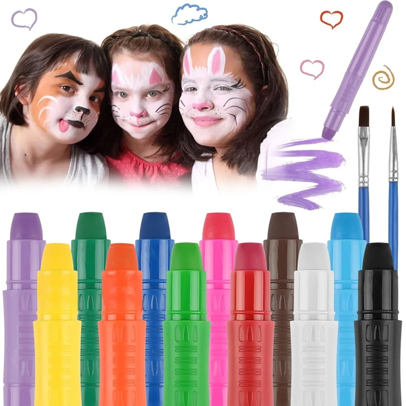 Face Painting Kit For Kids,12 Colors Washable Twistable Face Paint Crayons With 2 Brushes For Party Halloween Cosplay