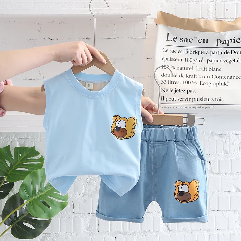 Boys Summer Children Vest Set New Boys Clothes Baby Cartoon Bear Sleeveless T-shirts Shorts 2pcs Casual Sport Sets