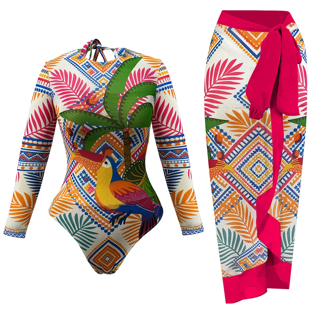 S - XXL Bunter, bedruckter Badeanzug mit langen Ärmeln und Sarong-Hose, einteiliger Badeanzug für Damen, Badebekleidung, Badeanzug, Modell V8396 – Detail 3