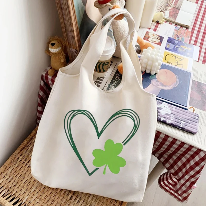 Lucky Four-leaf Clover Heart Printed Canvas Bags Large-capacity Travel Sundries Storage Tote Foldable Eco Friendly Shopping Bag