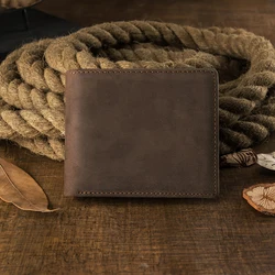 Handmade Vintage Genuine Leather Wallet Men Retro Cowhide Billfold Crazy Horse Leather Customized Card Holder Cowskin Money Clip