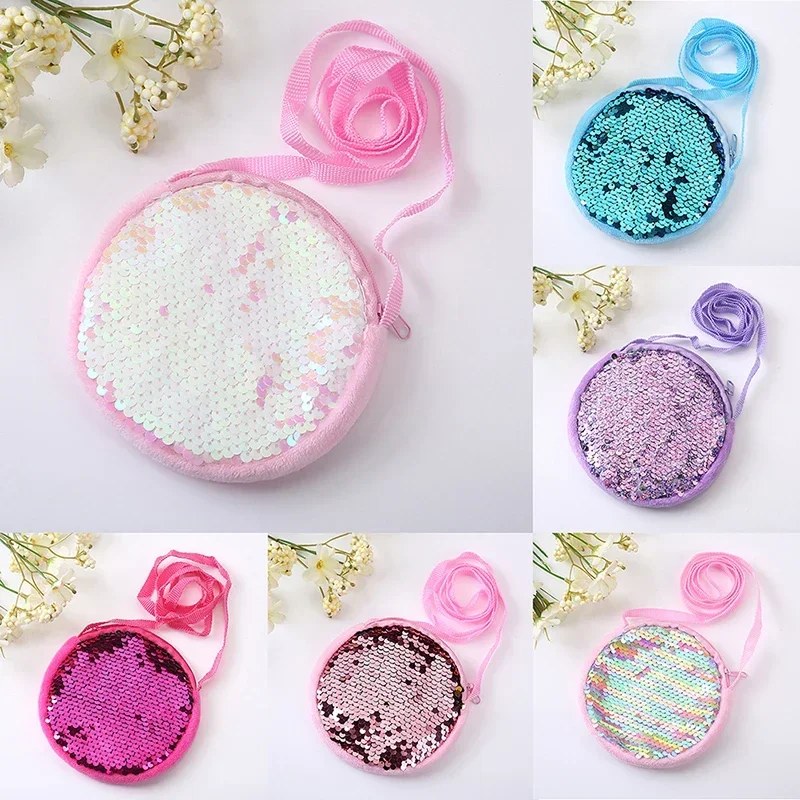 Round Princess Coin Purse Color Sequins Shiny Lanyard Shoulder Bag Children's Messenger Small Pack Kids Handbag Lovely Girl Gift