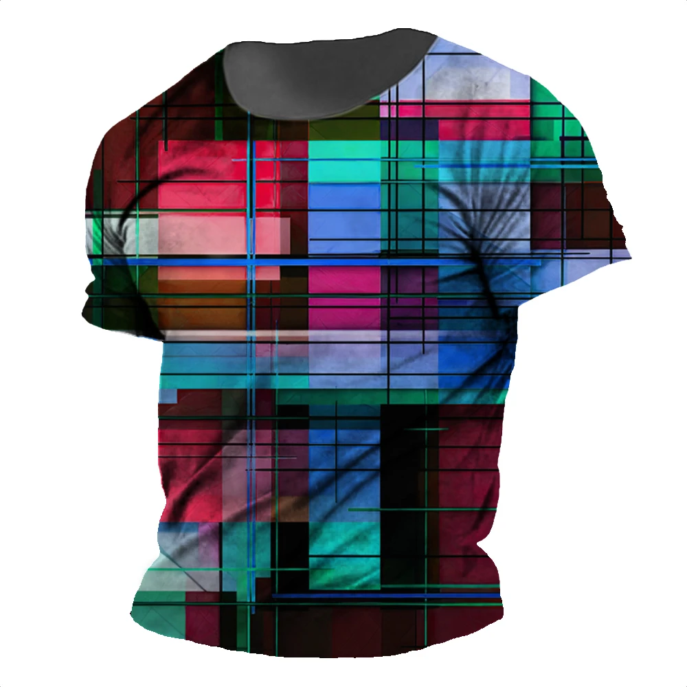 2023 Men T-Shirt Spliced With Plaid 3d Print Colorful Tops Summer Male Clothing Plus Size Streetwear Fashion T Shirt Vintage Tee