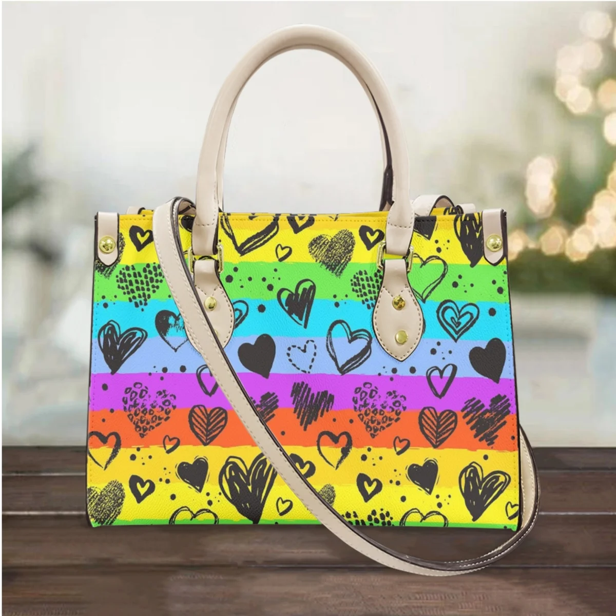 FORUDESIGNS Stylish Leather Handle Bags Women Rainbow Heart Print Shoulder Handbags Crossbody Tote Bags For Ladies Luxury