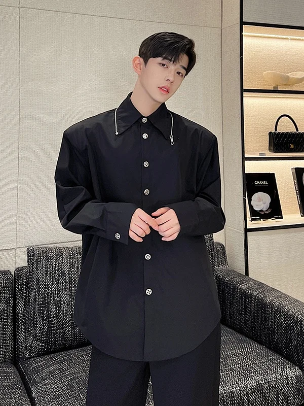 

Trendy Brand Spring Collection Men's Long Sve irt Decorative Zipper Design Simple Sli Hair St Collar irt