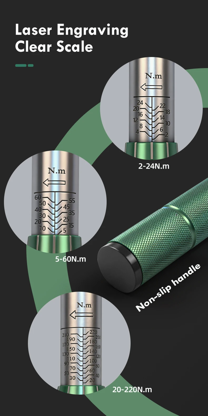 Toolisyn 6-teiliger 1/4"3/8"1/2" Drehmomentschlüssel-Satz 2-220N.m 72 Zähne ±3% Genauigkeit Klick-Drehmomentschlüssel für Fahrrad Motorrad Auto – Detail 6