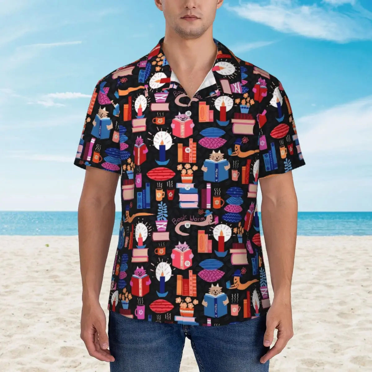 

Library Cats Beach Shirt Midnight Reading Hawaiian Casual Shirts Men Vintage Blouses Short Sleeve Harajuku Design Clothing