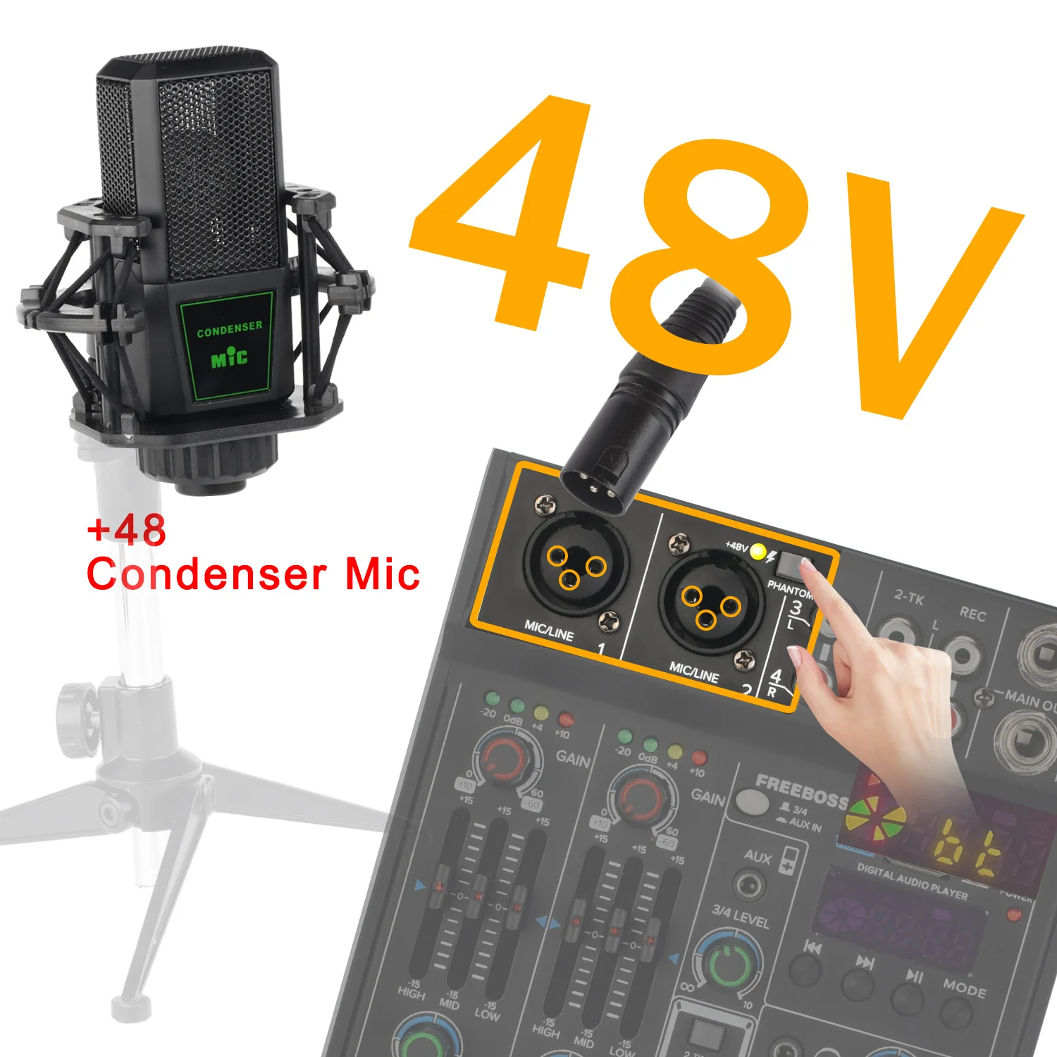 FREEBOSS 4 Channel Mixing Console 48V 5.0 Bluetooth RCA 3.5 Input Sound Audio Mixer USB PC Record Play for Wedding Party AM-M1