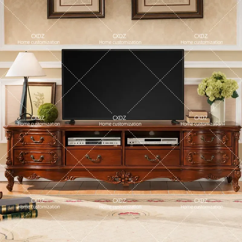 American Solid Wood TV Cabinet Living Room Home 2 2.2 Meters European Retro Carved Floor Cabinet