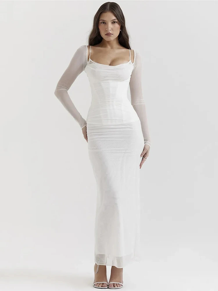 Mozision Elegancka sukienka z długim rękawem Sexy Maxi Dress For Women Fashion Mesh Strapless Backless Club Party Sexy Long Dress New