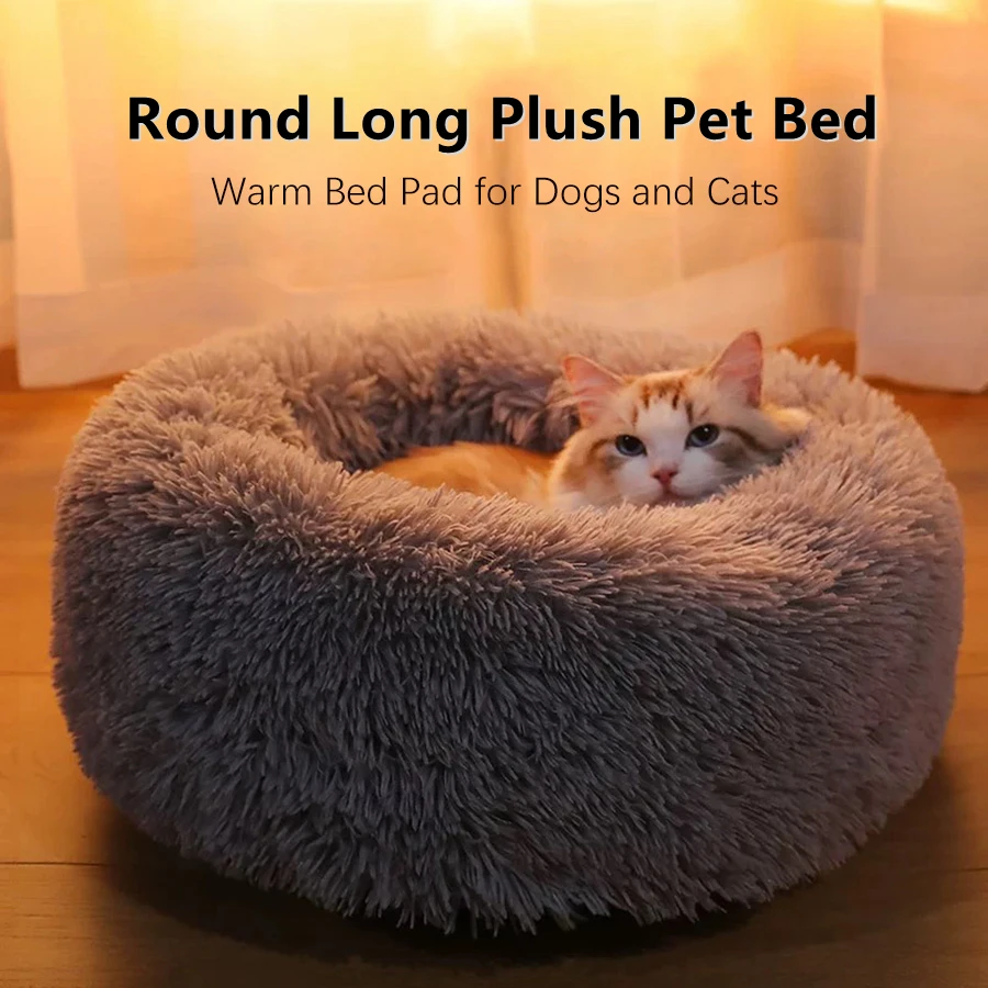 

Soft Long Plush Cat House Beds dog Calm Warm Faux Fur Bed Donut Round Comfortable Sleeping Bed Washable for Small Medium Dog Cat