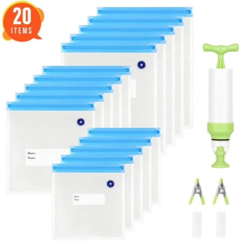 

20Pcs Household Vacuum Food Sealing Bag with Hand Pump Sealing Clip Vacuum Sealing Pocket Reusable Food Storage Bag
