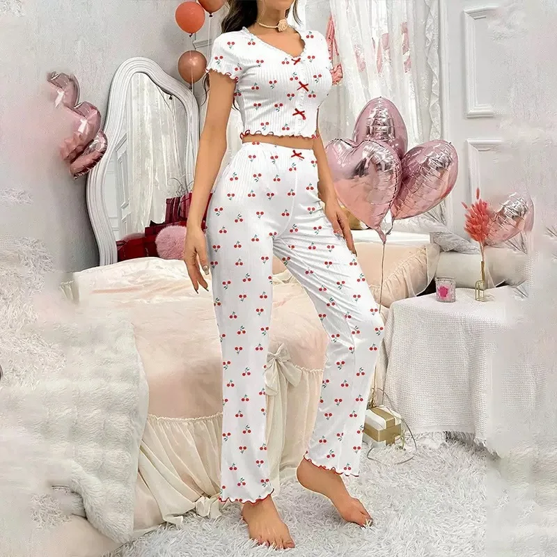 White Red Heart Short Sleeve Top Pants Erotic Suit Cute Bowknot Decoration Loungewear Pajamas Sets For Women