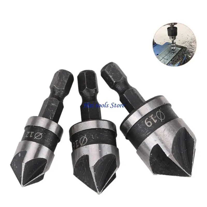 

X37E Carbon Steel 5 Flute Countersink Drill Bit Tool With Hexadecimal Shank For Professional Woodworking Projects 3Size