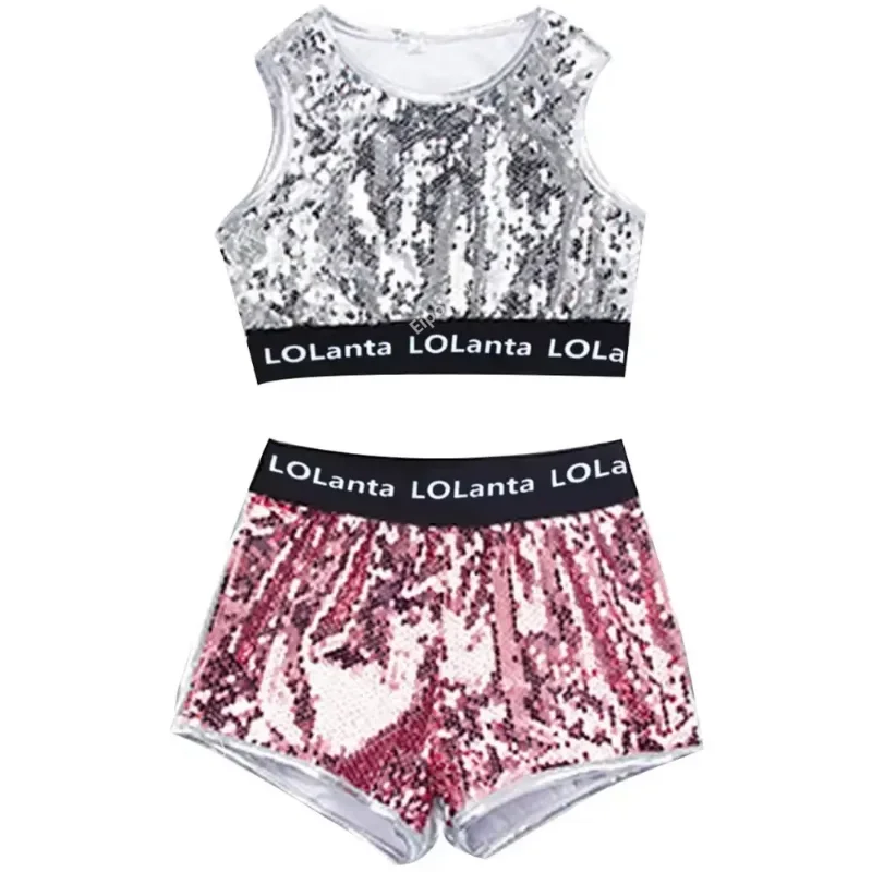 الفتيات الوردي الترتر المحاصيل الأعلى السراويل سترة مجموعة الهيب هوب الحديثة ملابس رقص الجاز زي لأداء المرحلة