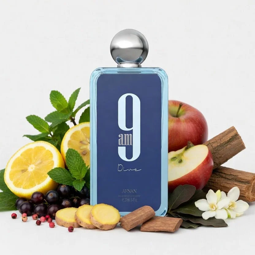Afnan 9AM Dive EDP Spray 100ml, Botella Transparente Azul Claro, Fragancia Aromática Acuática, Menta, Limón, Cedro, Sándalo, Perfume Casual Diario, Regalo para Hombres y Mujeres