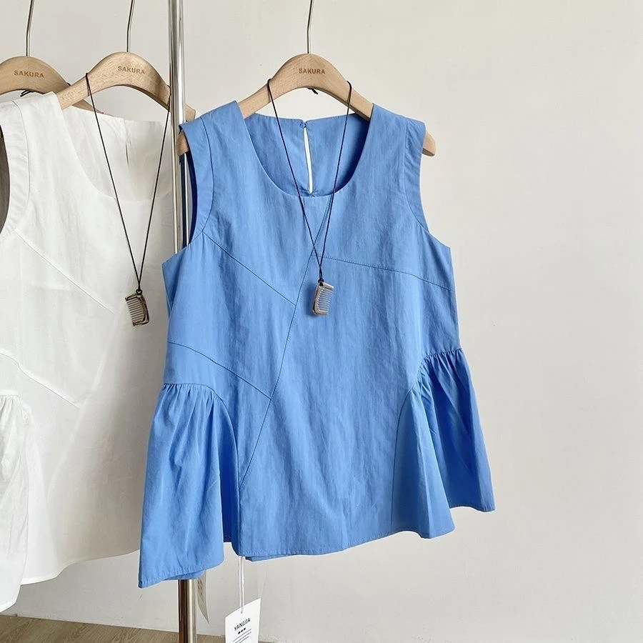Korean Short Sleeved Solid Top Women's Loose Fitting Pleated Round Neck Vest Summer New Fashionable A-line Skirt Shirt Tee