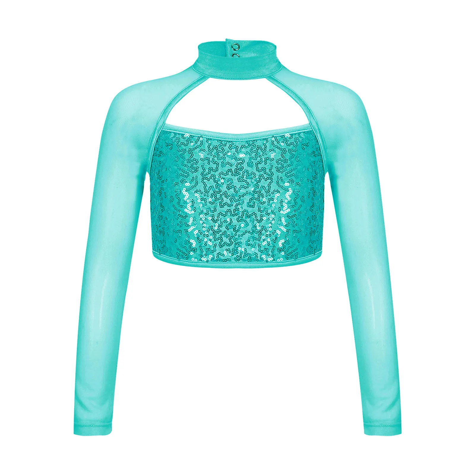 Tops de gimnasia y Ballet para niñas, Top corto de baile con lentejuelas brillantes caladas de manga larga para baile de Jazz, ropa de baile para Yoga y Fitness