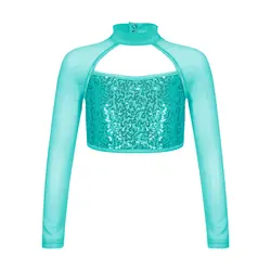 Kids Girls Hip Hop Jazz Street Dance Performance Costume Long Sleeve Hollow Shiny Sequins Mesh Crop Tops Dancewear Sportswear