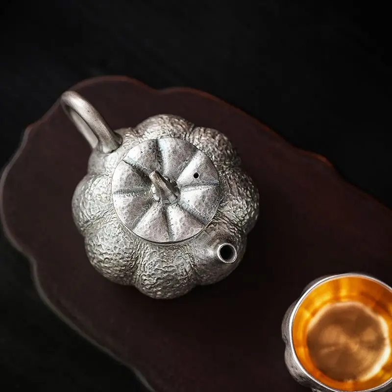 Silver Plated Pumpkin Teapot Set Tea Cups Gift Box Drinkware Home Office