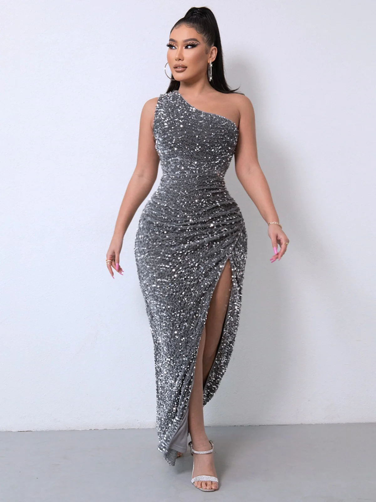 Ele High Waist One oulder Dr with Slit Pure Color Midi Skirt for Women Spring Summer Autumn Polyester Fabric No Sve