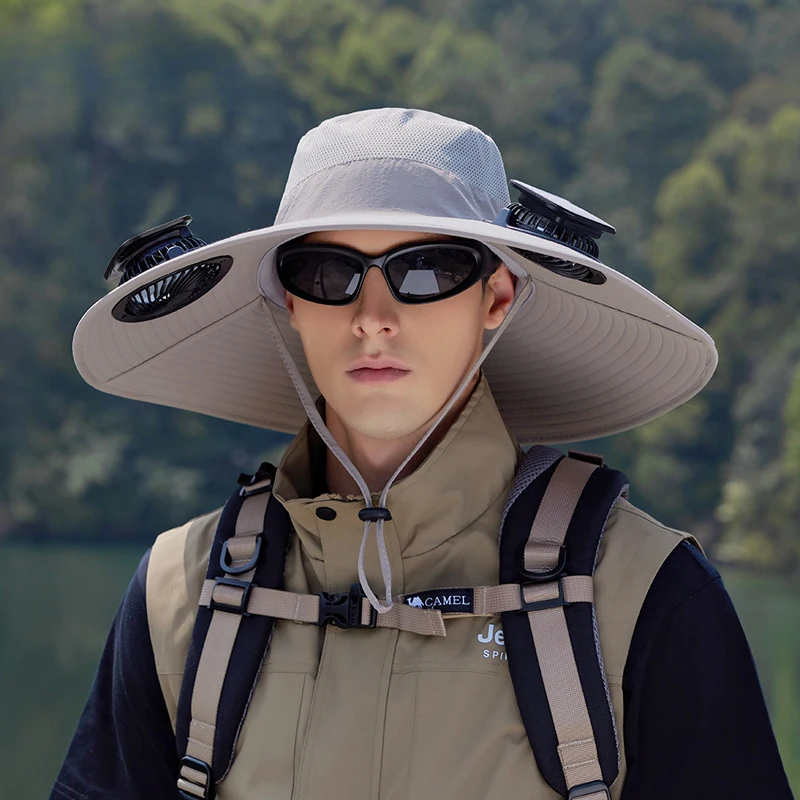Summer Solar Double Fan Hat Outdoor Fishing Hiking Sun Protection Wide Brim Quick Dry Waterproof Bucket Cap