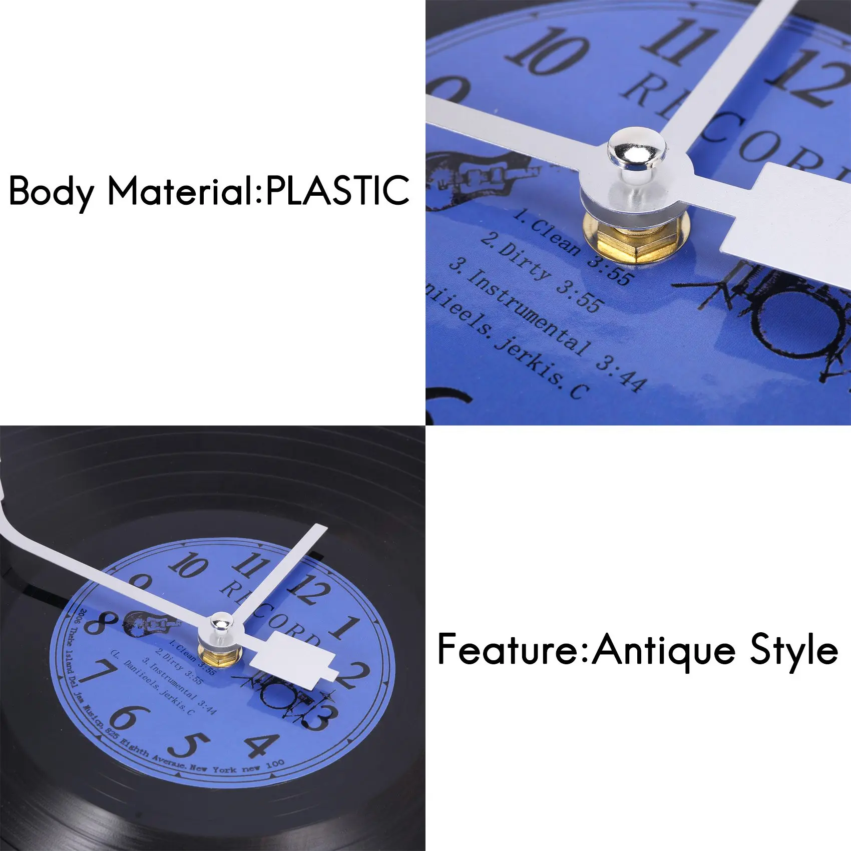 X11AA Quartz Round Retro Wall Clock Art Design Kitchen Living Room Home Decoration Vinyl Record Clock Blue + Black Plastic