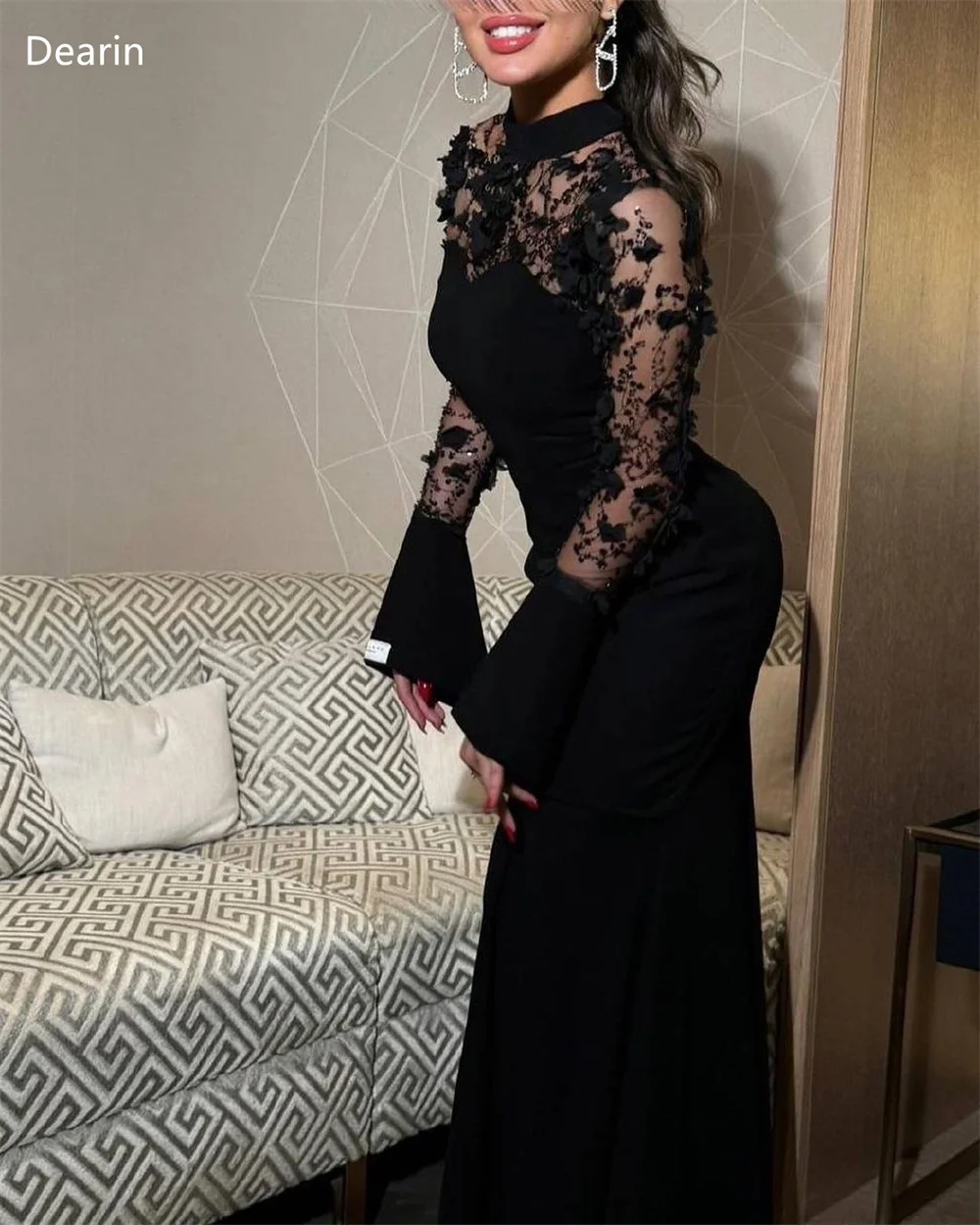 Customized Evening Gown Formal Women Prom Dress Dearin High Collar A-line Floor Length Skirts Lace Applique Bespoke Occasion Dre