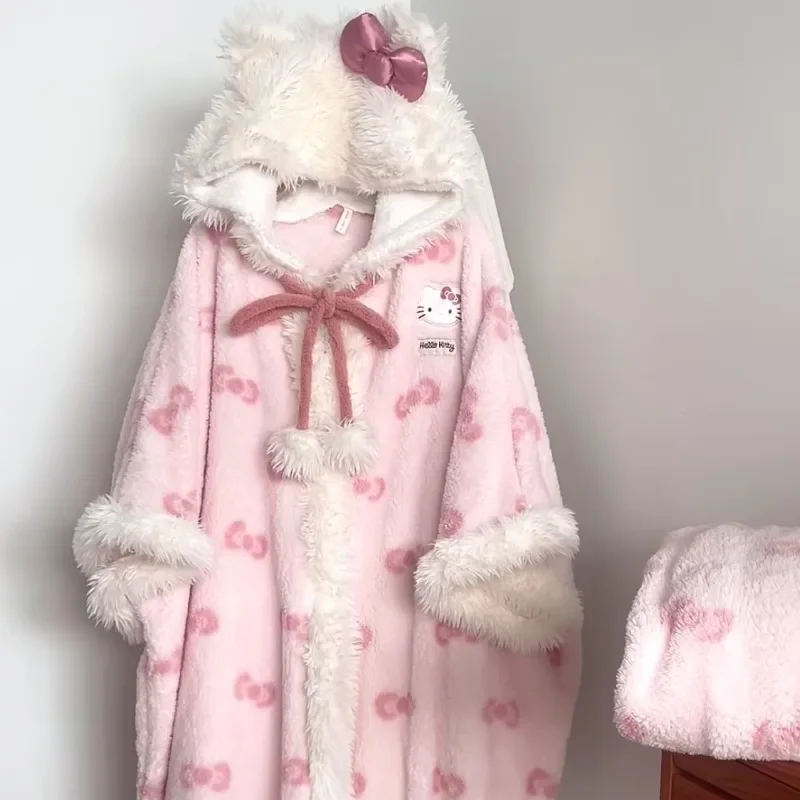 

Sweet Hello Kitty Anime Kawaii MINISO Ins Fashion Jacket Pajama Cute Coral Fleece Thickened Warm Home Wear Clothing Gifts Toys