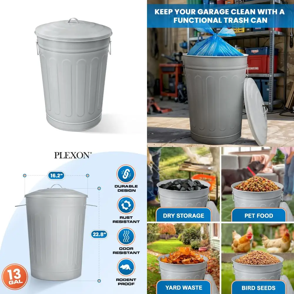 

13 Gallon Vintage Metal Outdoor Trash Can with Lid - Retro Farmhouse Style Garbage Container, Old School Modern Design