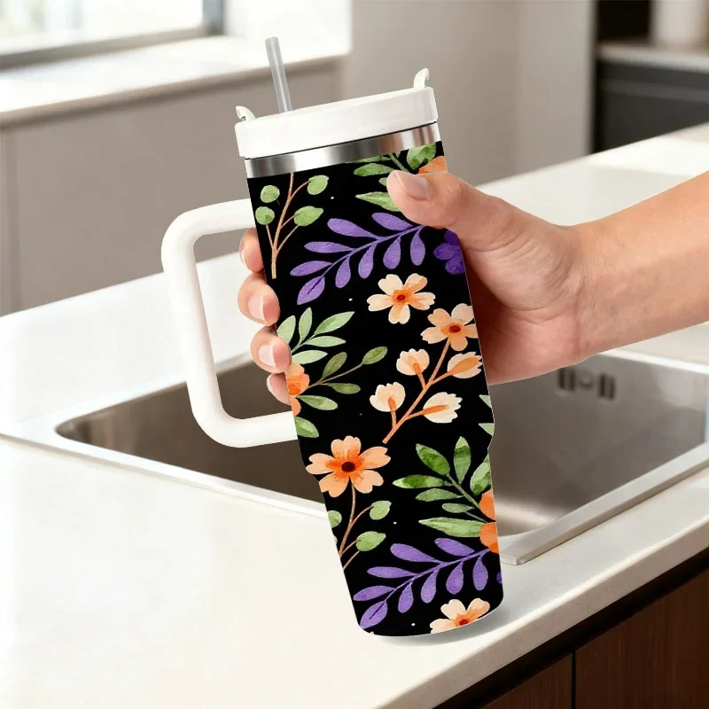Vibrant Watercolor Floral Print 40Oz Stainless Steel Insulated Tumbler, Black Background with Orange Purple Blooms, Green Leaves And Brown Branches, Durable Stylish Drinkware for Daily Commute, Office And Outdoor Beverage Storage