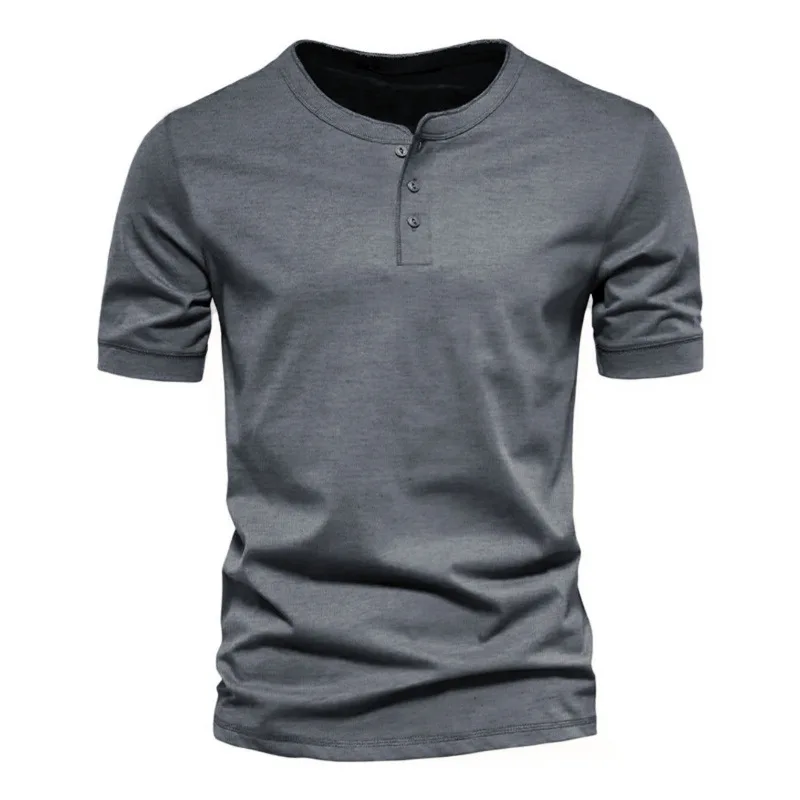 Summer Henley Collar T Shirt Men Casual Short Sleeve Solid Color Casual Mens Breathable Tops Tees Fashion Basic T-Shirt for Man