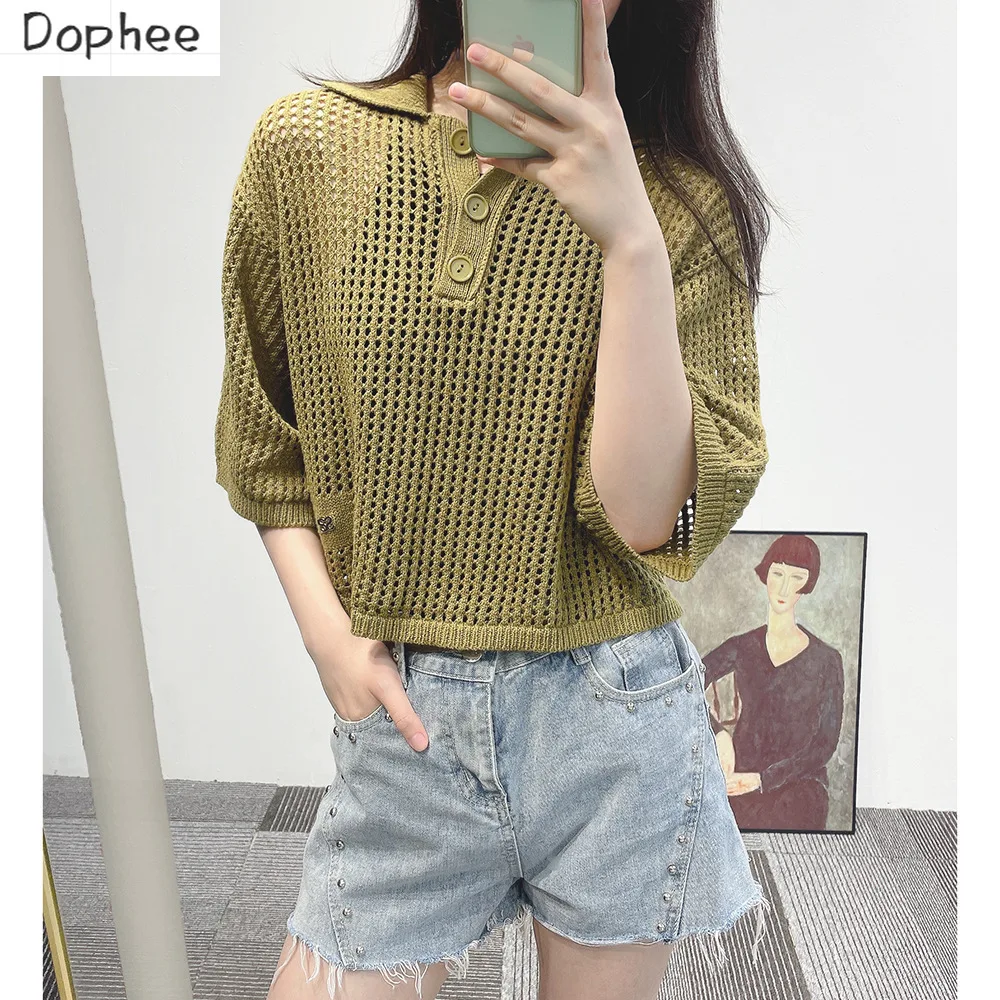 

High Quality 2023 New Summer Hollow Out Loose Women Knitted Shirts Casual Pullovers Crop Top Half Sleeve Turn-down Collar Tshirt