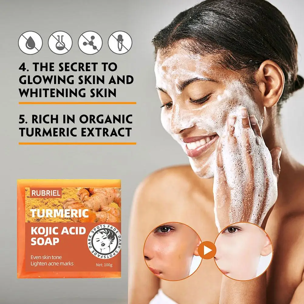 Açafrão Kójico ácido clareamento sabão, removedor de acne mancha escura, profundo tom de pele suave, limpeza artesanal, 100g, B4J9