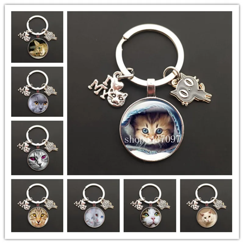 Lovely big eyes Cat keychain,animal Cat jewelry keychain car keychain,Pet Cats Glass Art Picture Dome DIY Handmade Jewelry gift