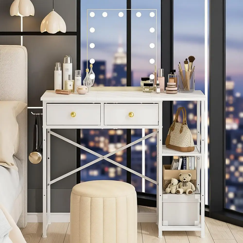 

Белый 36-дюймовый стол для макияжа в спальне с тканевыми ящиками и железными крючками для хранения вещей