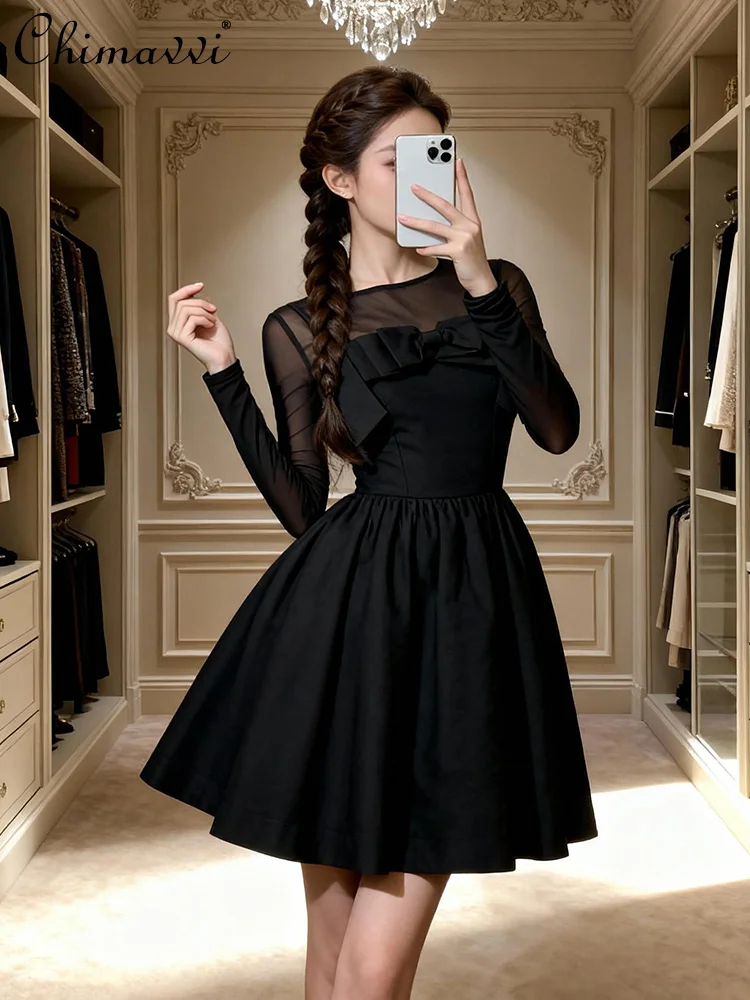 

French Elegant Hepburn Style Patchwork Round Neck Long Sleeve Bow High Waist A-line Black Evening Party Short Dress for Women