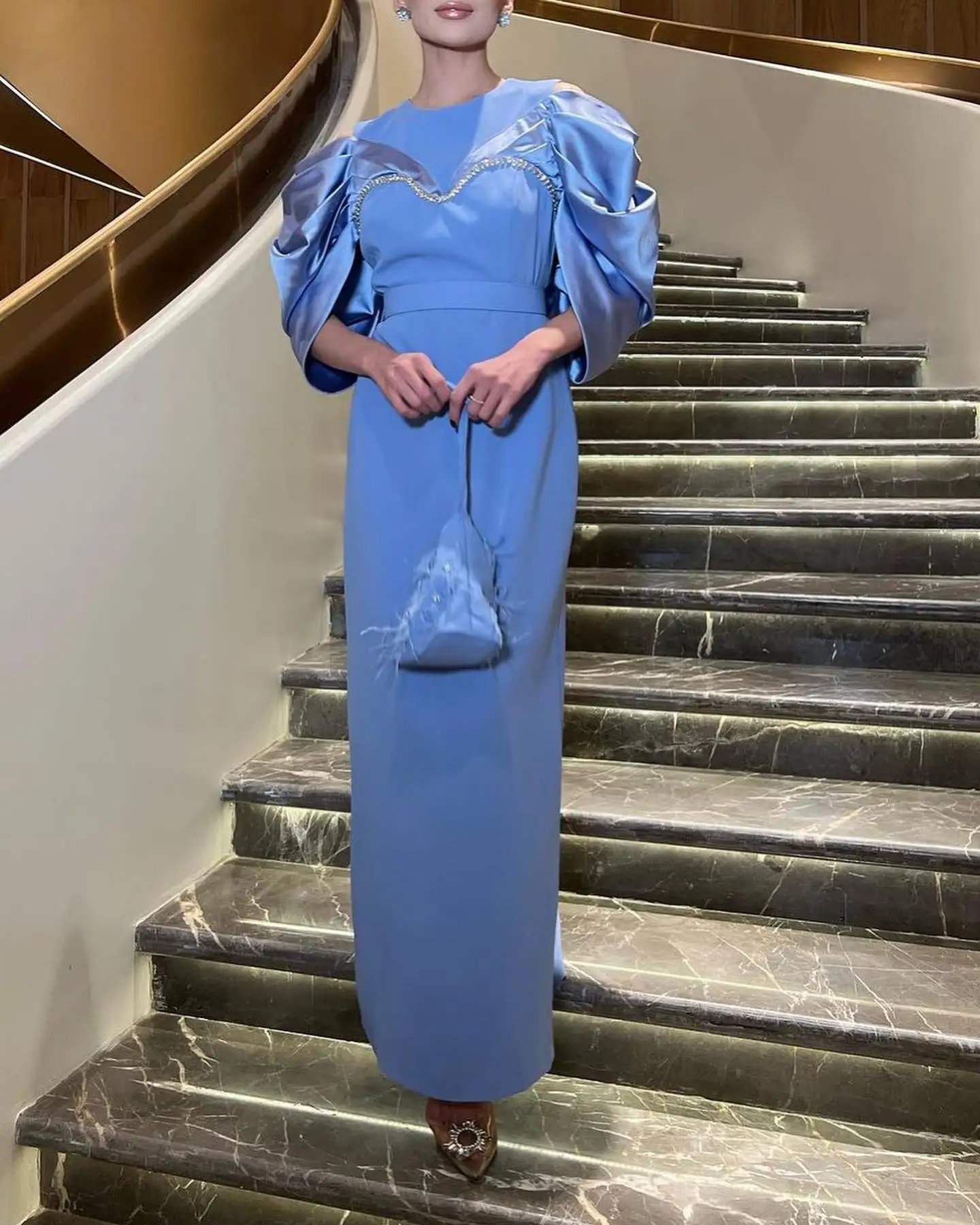 

Customized Delicate Jersey Straight Crystal Evening Dress High Quality O-neck 3/4 Sleeves Ankle Length Bespoke Occasion Gowns