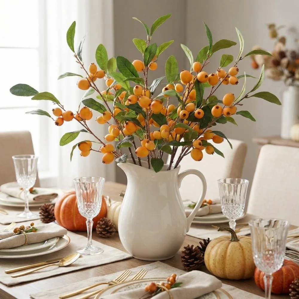 Ramas de Nuez Mosqueta Artificiales con Hojas Verdes, Árbol de Fruta de Plástico de Lujo, Simulación Realista, Plantas Artificiales Elegantes