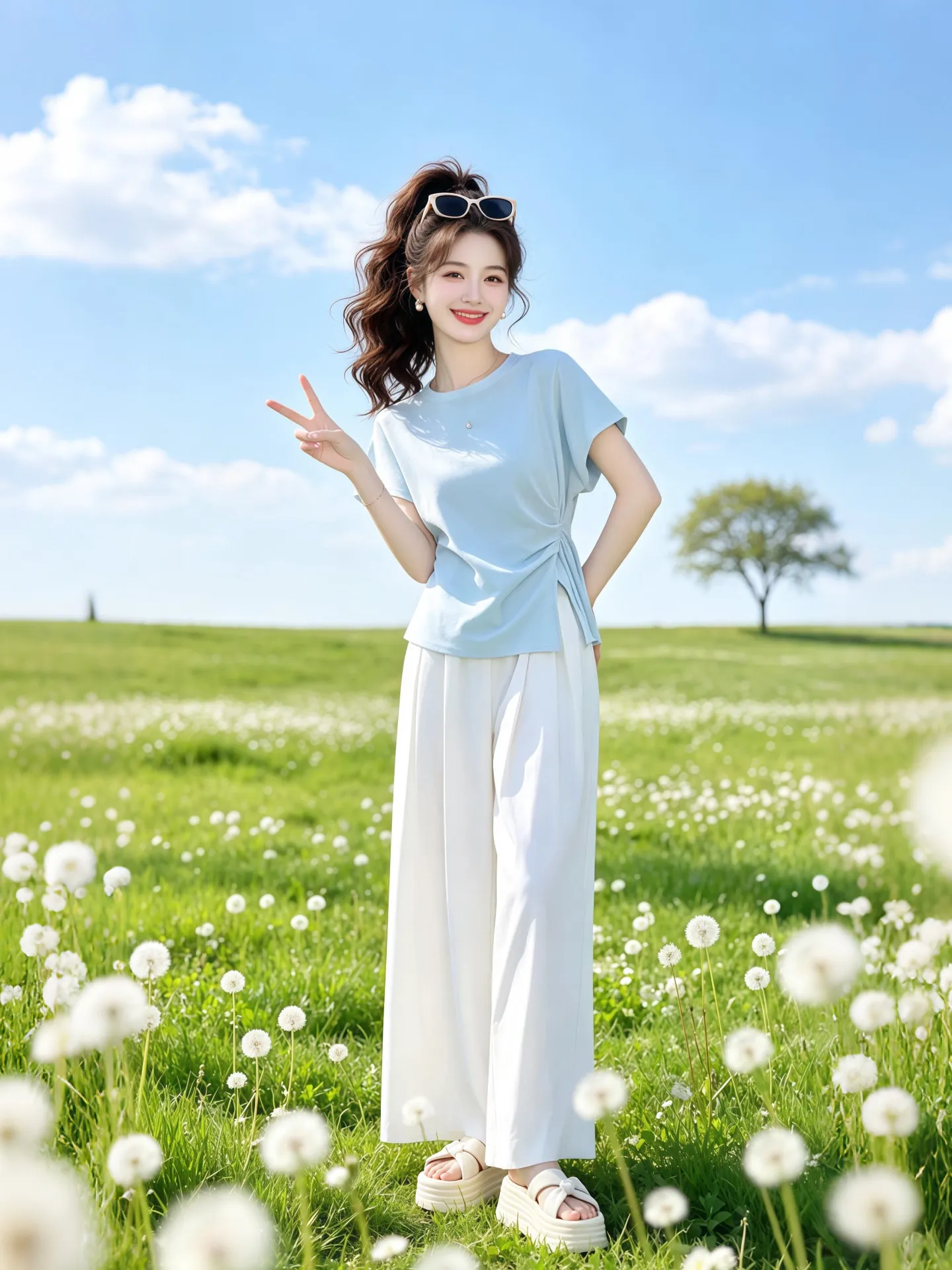 

Summer New Style 2026 Ultra Popular Light Blue round Neck Short Sleeve Set with White Wide Leg Pants Commute Fashion Women's ...