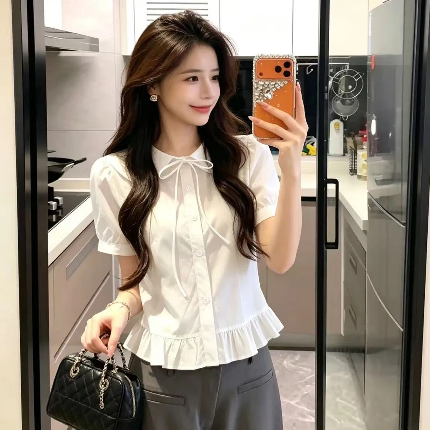 

Korean Style White Doll Collar Bow Tie Ruffle Hem Short Sleeve Women's Summer New Small Size Slimming Age Reduction Top