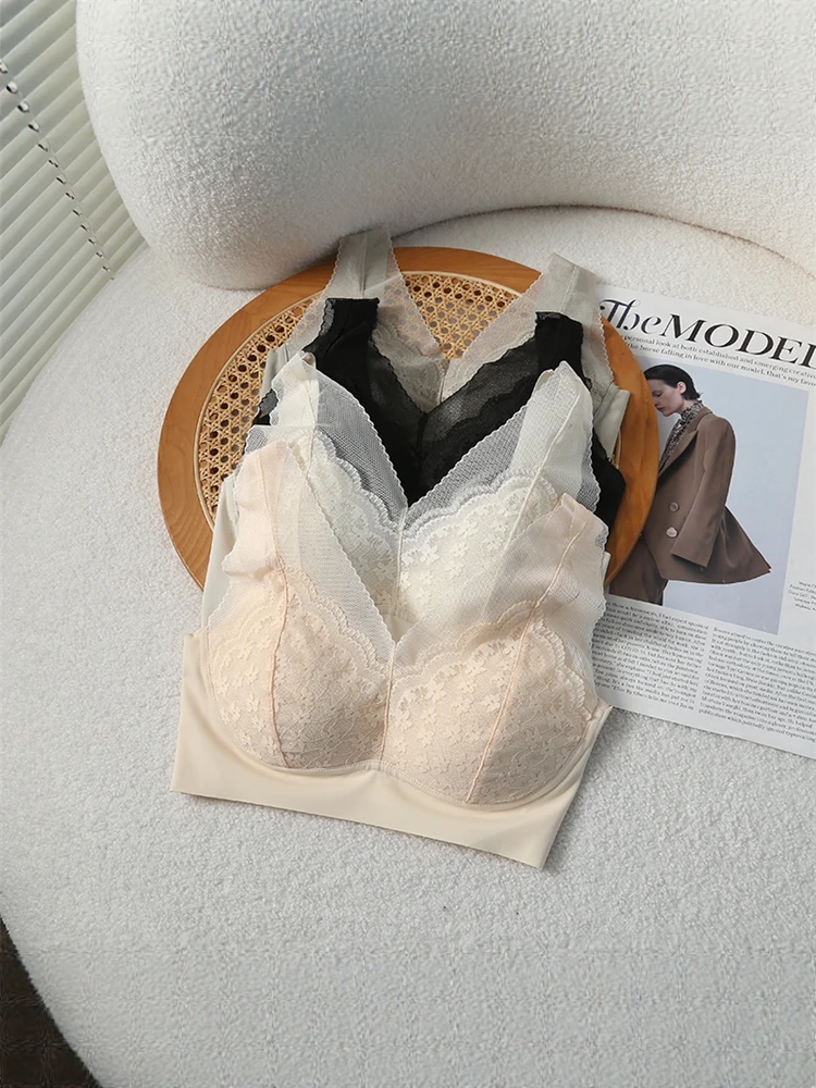 Nuevo Bralette de Encaje con Tirantes Anchos, Estilo Chaleco, Sin Costuras, Espalda Delgada, Sujetador de Belleza para Mujer, Verano, Juvenil, Copa Fina de Algodón