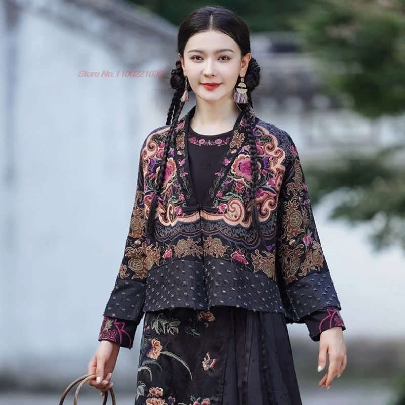 2024 traditional chinese vintage coat national flower embroidery v-neck cardigan oriental hanfu tops ethnic jacket streetwear